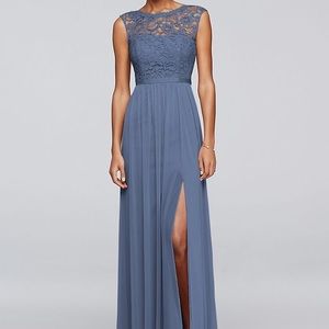 David’s Bridal slate blue bridesmaids dress